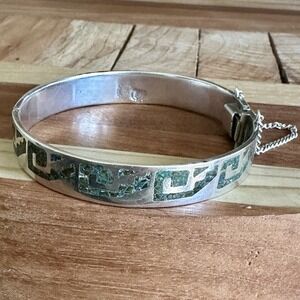 VTG‎ Taxco Hinged Bangle Bracelet 7" Stone Chip Inlay Chain 925 Sterling 32.0g